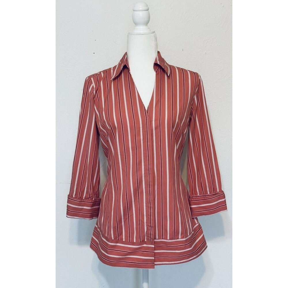 ANN TAYLOR Women Size 8 Red/Coral Striped Button Up Shirt Career Preppy